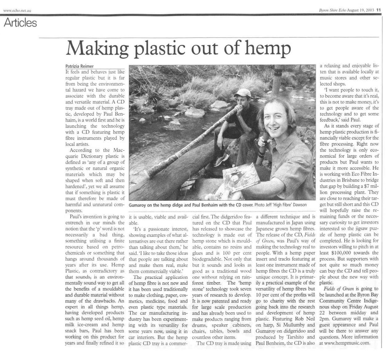 Byron Shire Echo article from 19 August 2003: Making plastic out of hemp