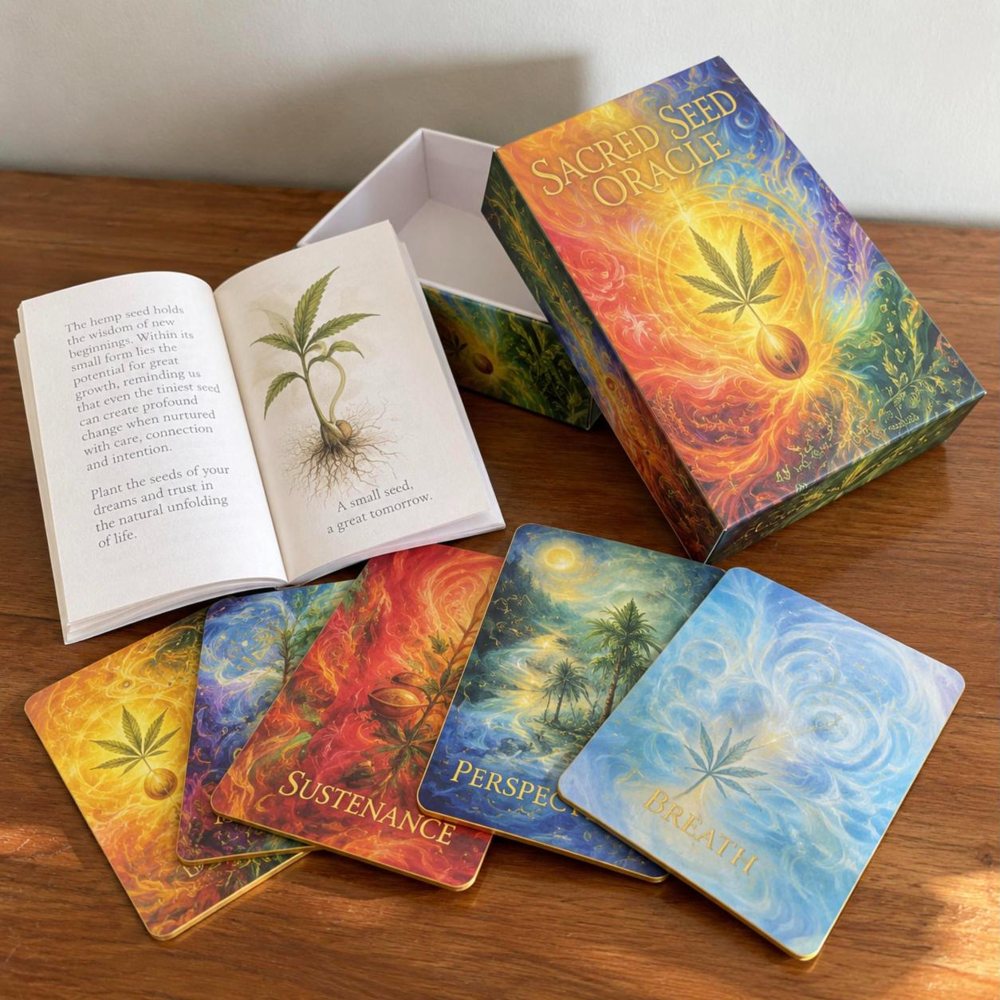 The Sacred Seed Oracle box with its lid off, the guidebook open and cards fanned out beside it