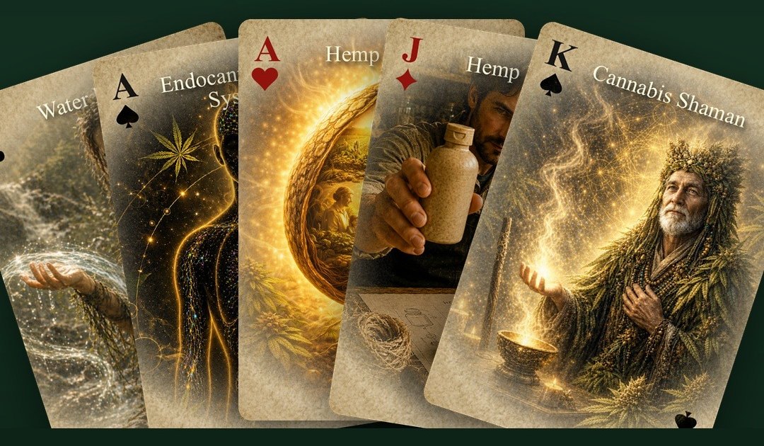 Five cards from the Hemp Playing Cards deck fanned out